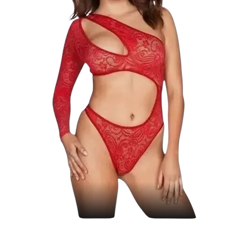 Red Lace One-Shoulder Bodysuit